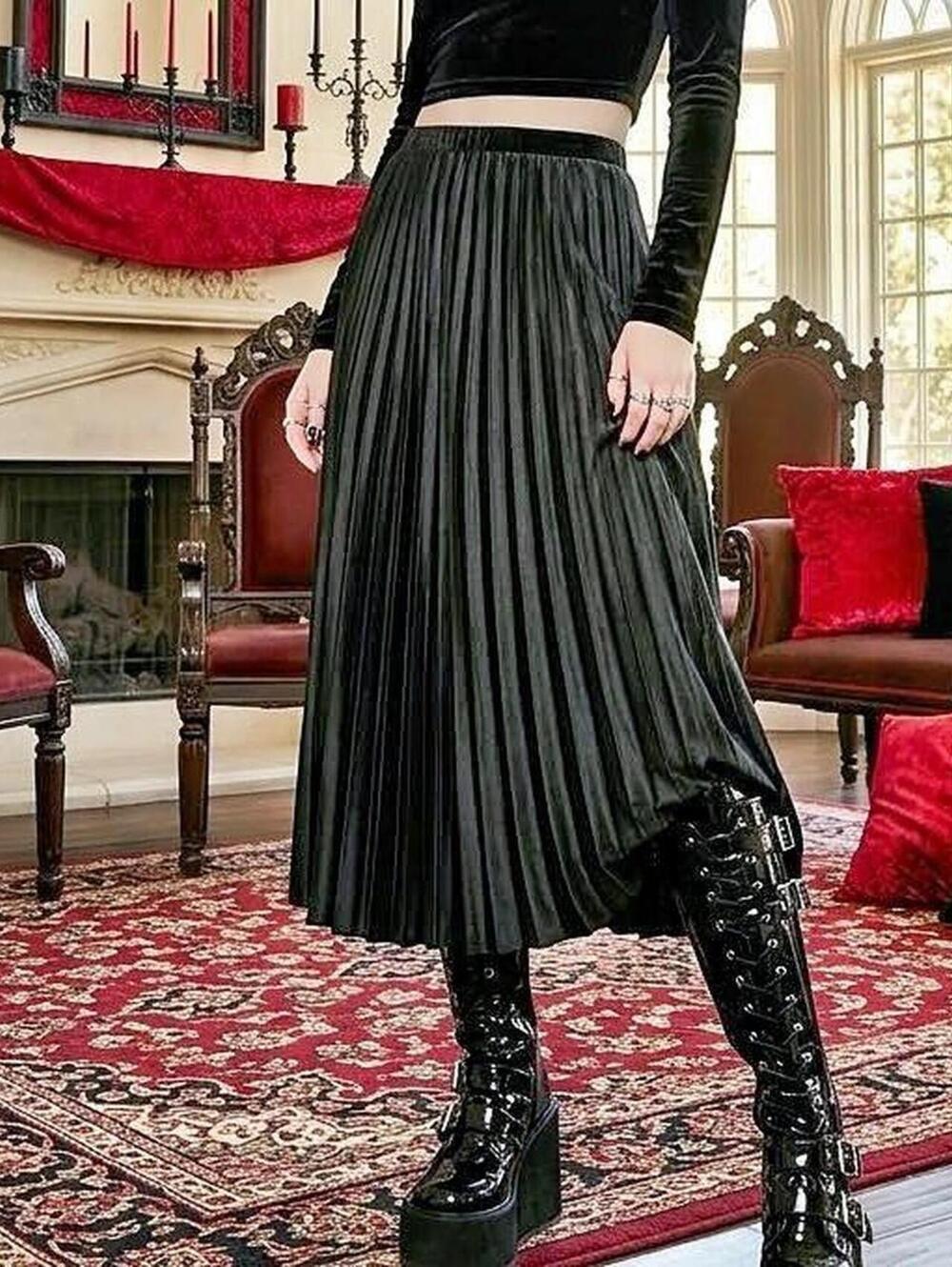 Anne Klein pleated maxi skirt Size XXL Black Velvet Long Pleated Skirt
